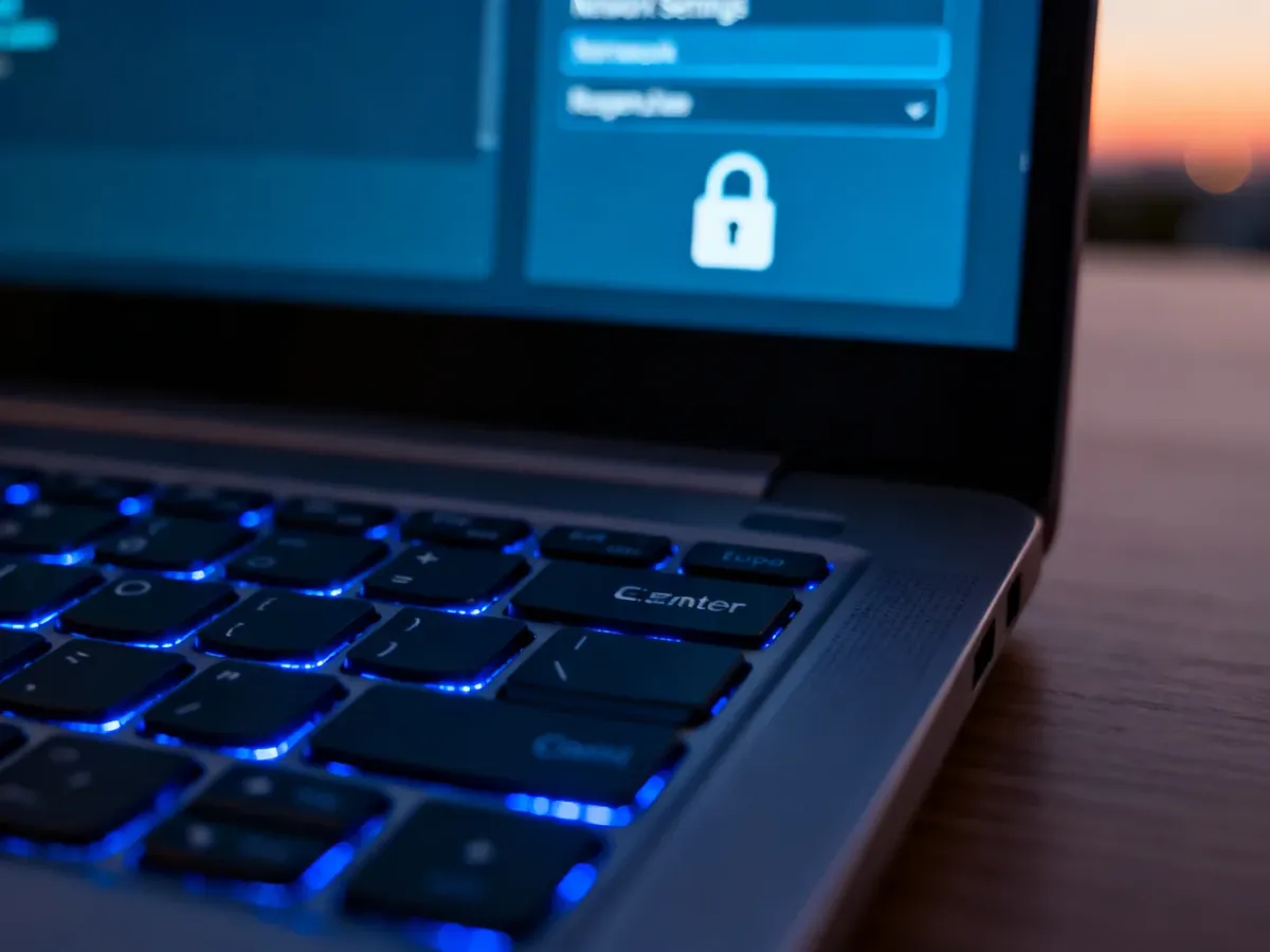 Zbliżenie na podświetlaną klawiaturę laptopa z rozmytym ekranem ustawień sieciowych w tle.