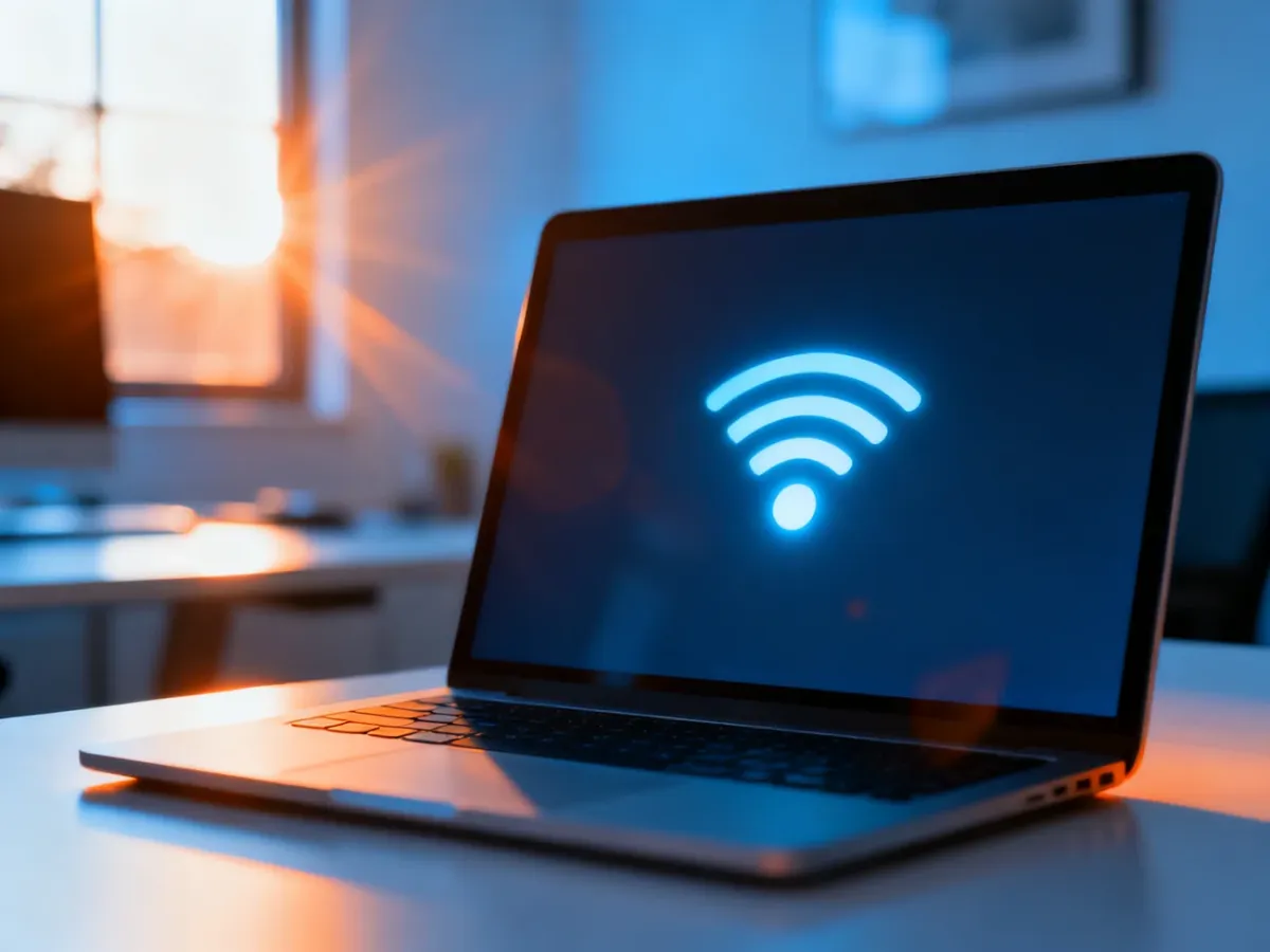 Ikona bezprzewodowego połączenia na ekranie laptopa w słonecznym biurze, symbolizująca konfigurację Wi-Fi Direct.