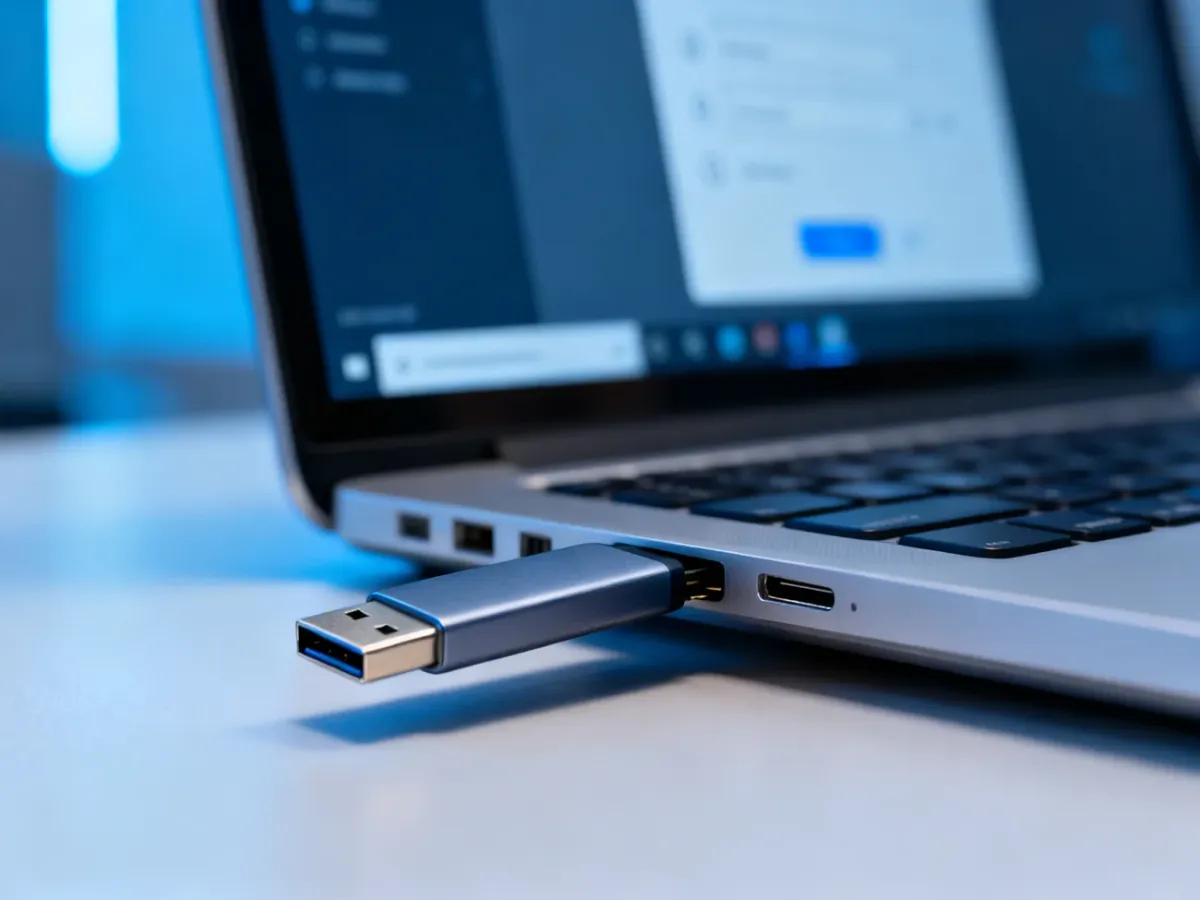 Dłoń wkładająca pendrive do portu USB w laptopie, z widocznym w tle oknem ustawień systemu Windows.