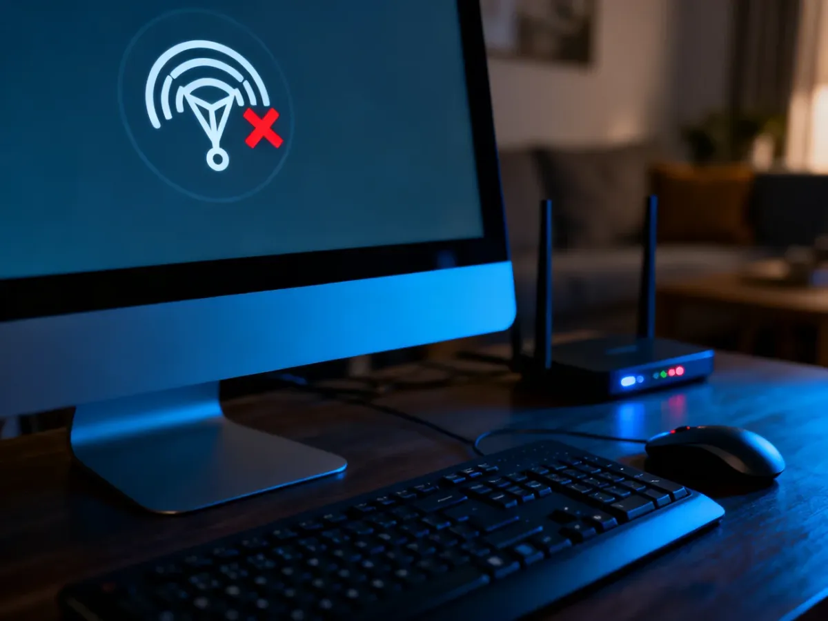 Ikona sieci z czerwonym krzyżykiem na ekranie komputera, sygnalizująca brak połączenia z internetem w Windows 10.