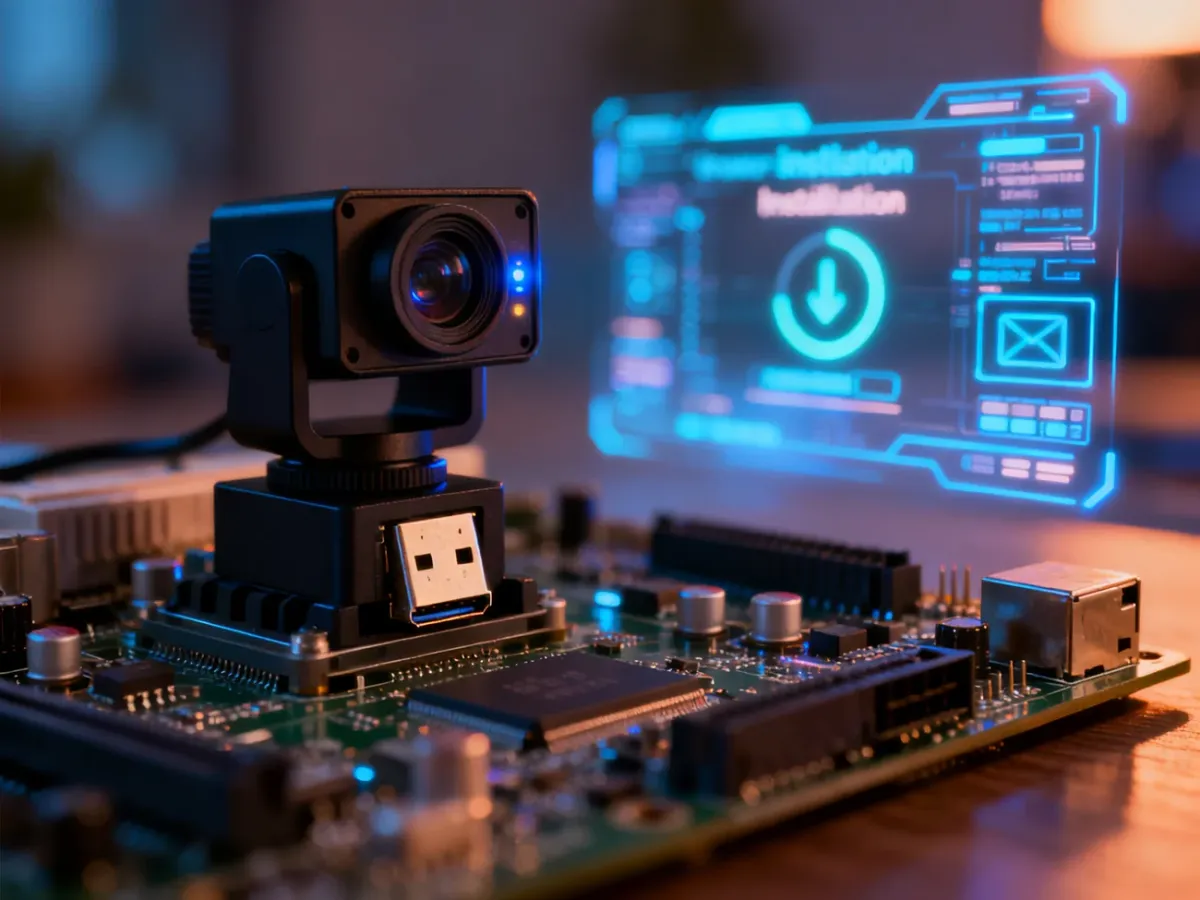 Zbliżenie na moduł kamery USB podłączony do płyty głównej komputera podczas procesu instalacji sterowników.