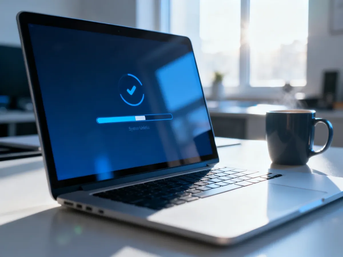 Ekran laptopa z paskiem postępu aktualizacji systemu w nowoczesnym biurze domowym.