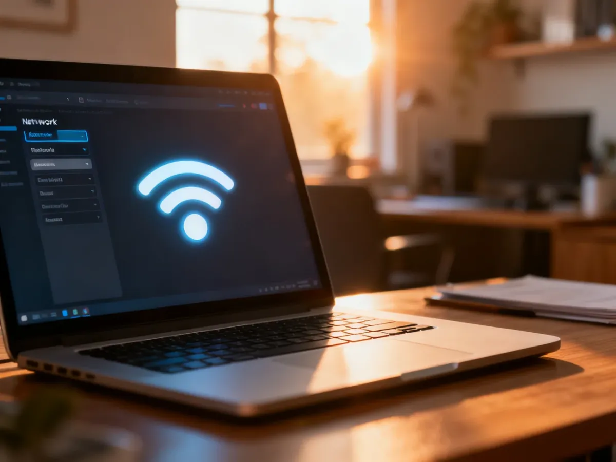 Ekran laptopa z otwartymi ustawieniami sieci Wi-Fi w jasnym, nowoczesnym biurze.