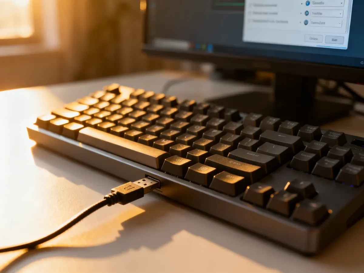 Nowoczesna klawiatura mechaniczna podłączona do komputera, na którego ekranie widać menedżer urządzeń systemu Windows.